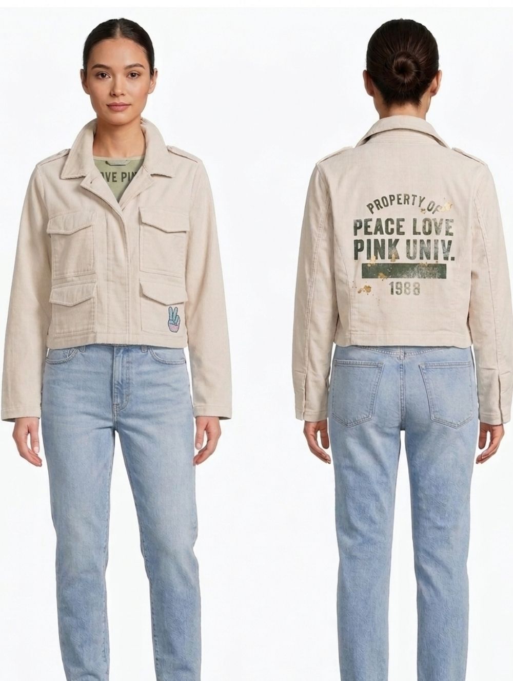 Rare Vintage VS PINK Peace Love University Utility Jacket Cream S Distressed